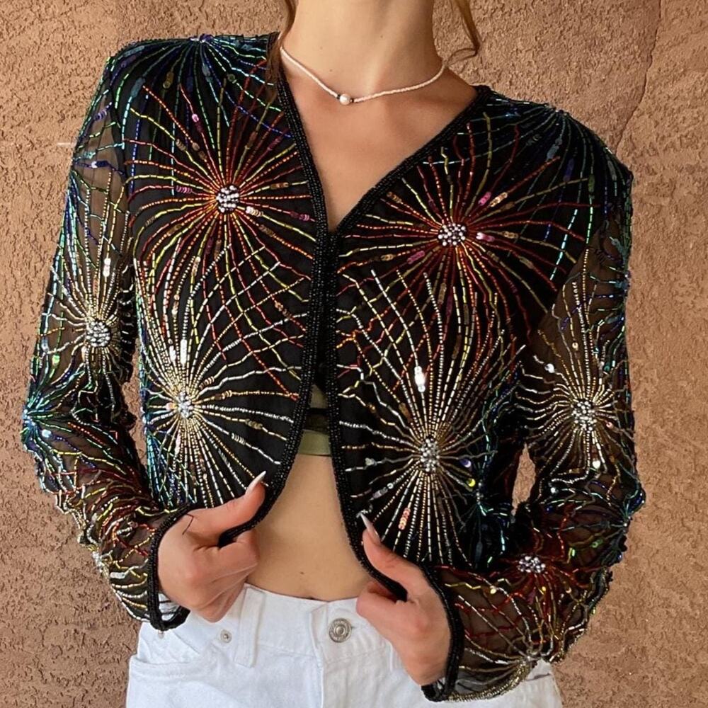 Vintage Silk Beaded Firework Jacket Evening Top Sequin 1980s Cocktail Wear